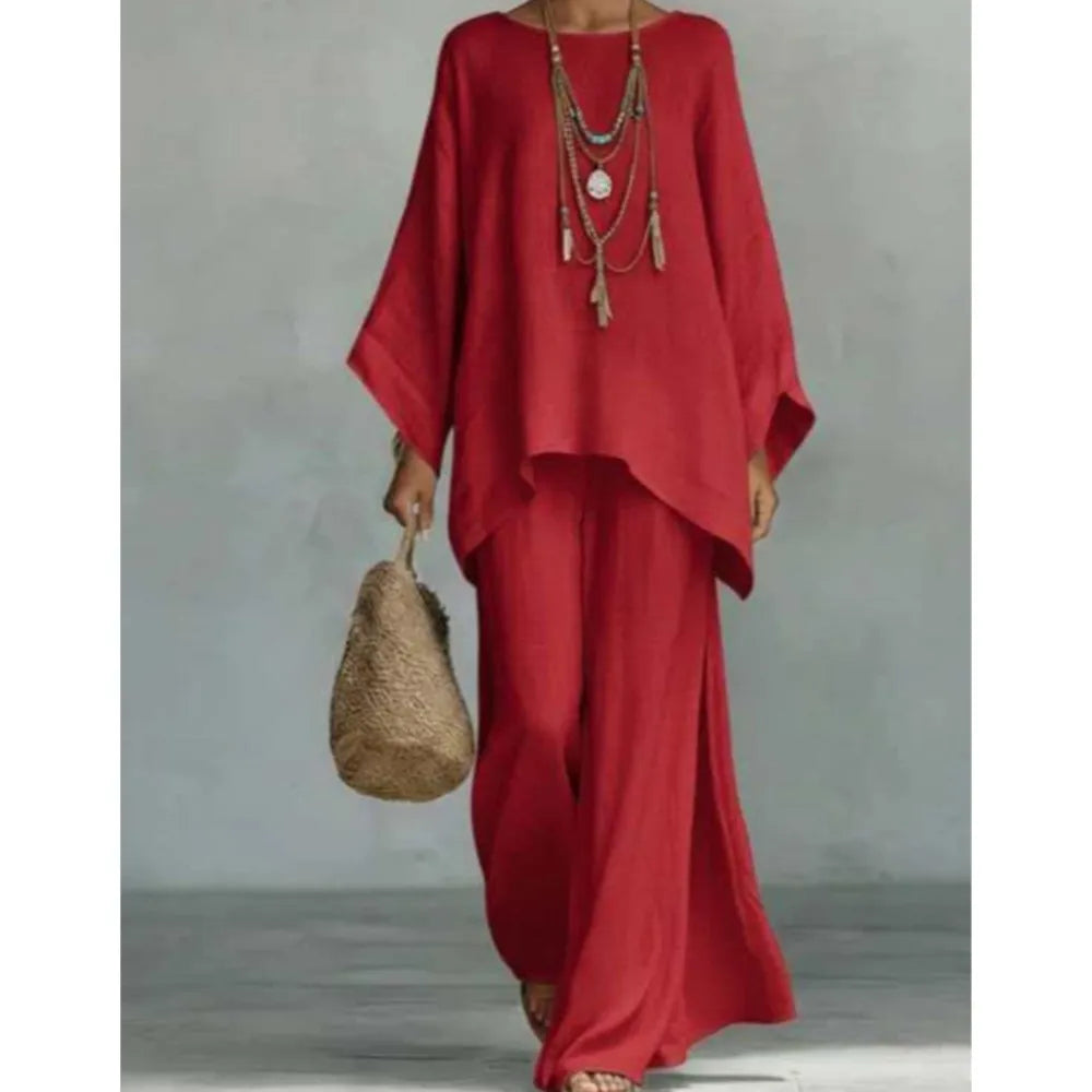 Fashion Linen Loose Long-sleeved Wide-leg Trousers 2-piece Set Women Spring New Casual Retro Elegant Female Simple Trousers Suit