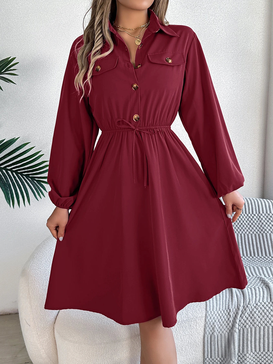 Autumn Winter Dresses for Women Casual Solid Color Button Tie Up Long Sleeved Shirt Dress Blue Green Black Red Woman Clothing