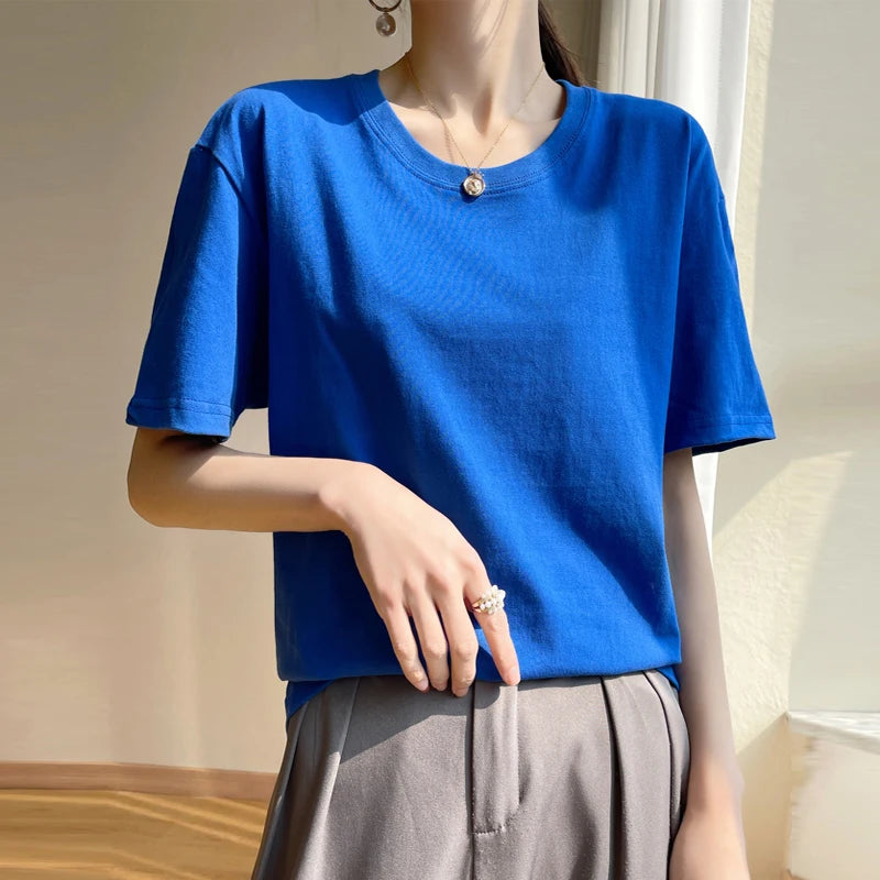 Women T-shirts 2026 Tops Solid Short Sleeve Loose O-neck  Cotton Casual Ladies Shirts Harajuku Korean Summer Woman Tshirts