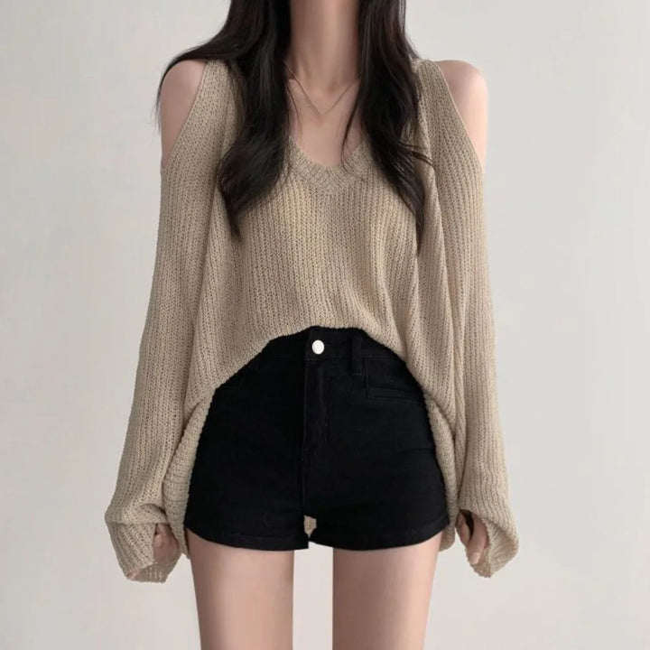 Simple Hollow Out Knit Long T-shirt Long Sleeve Pullover Crochet Knitwear V-neck Chic Knitted Loose Top Women