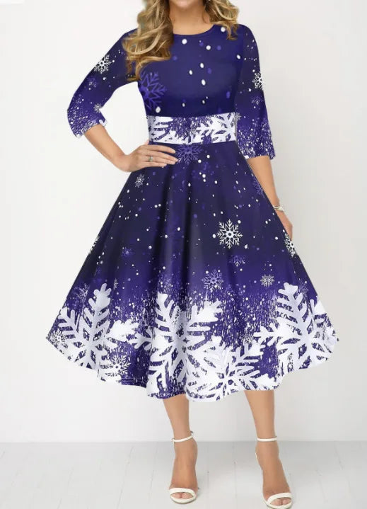 Winter Christmas Dresses Women Vintage Robe Swing Elegant Half Sleeve Casual Print Party Dress