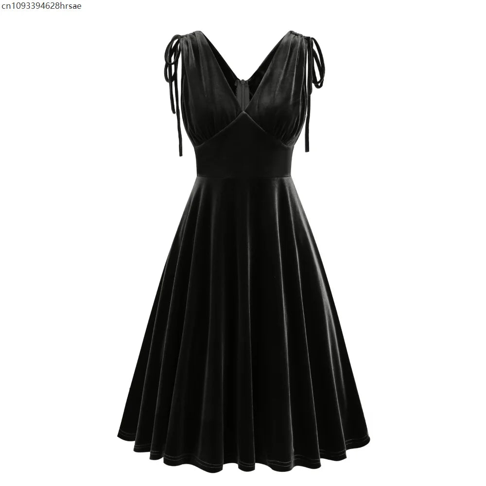 Women Vintage Velvet Dress Pleated Sleeveless Bow Drawstring Waist Dresses Elegant V Neck Solid Evening Gowns Retro Party Outfit
