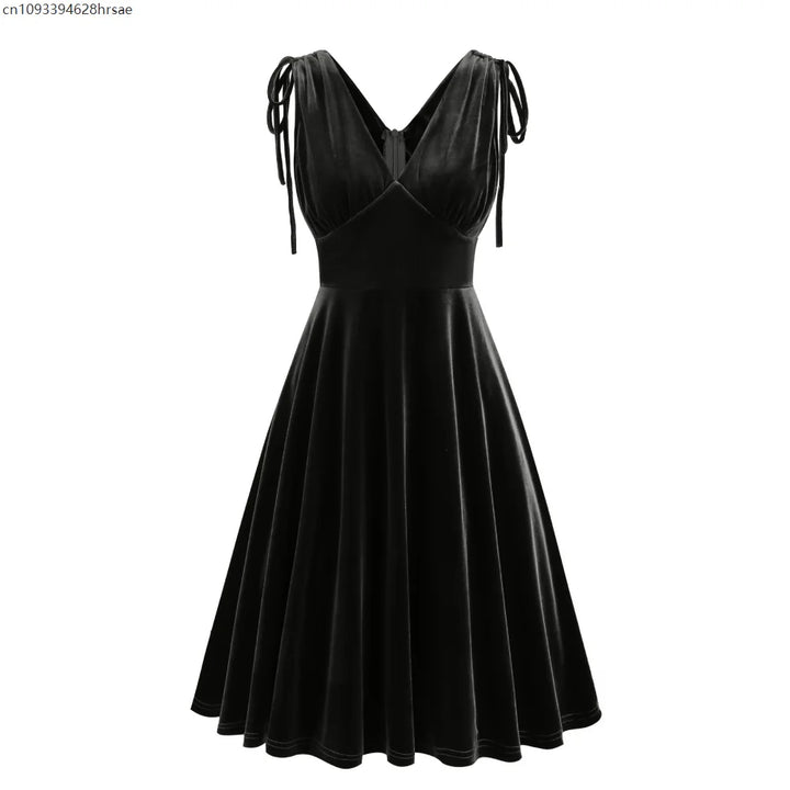 Women Vintage Velvet Dress Pleated Sleeveless Bow Drawstring Waist Dresses Elegant V Neck Solid Evening Gowns Retro Party Outfit