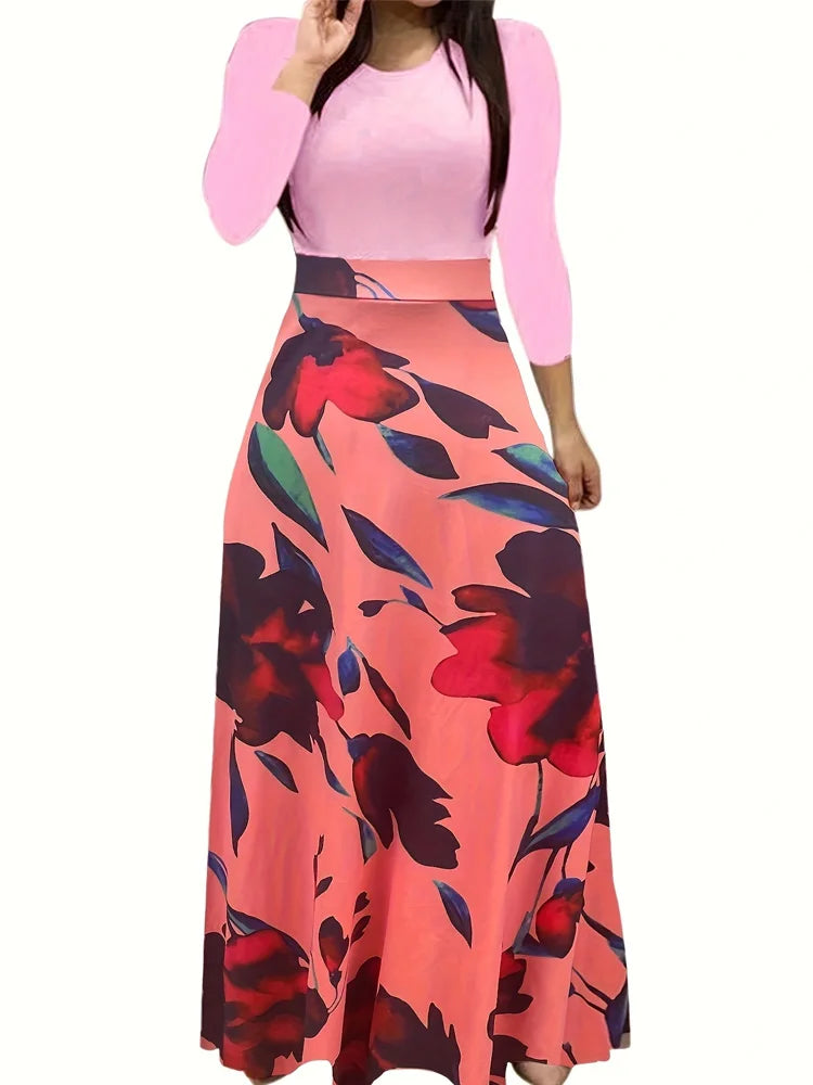 Chic Floral Maxi Dress - Casual Fit &amp; Flare with High-Waist Design, Long Sleeves, and Easy Care Knit for Women