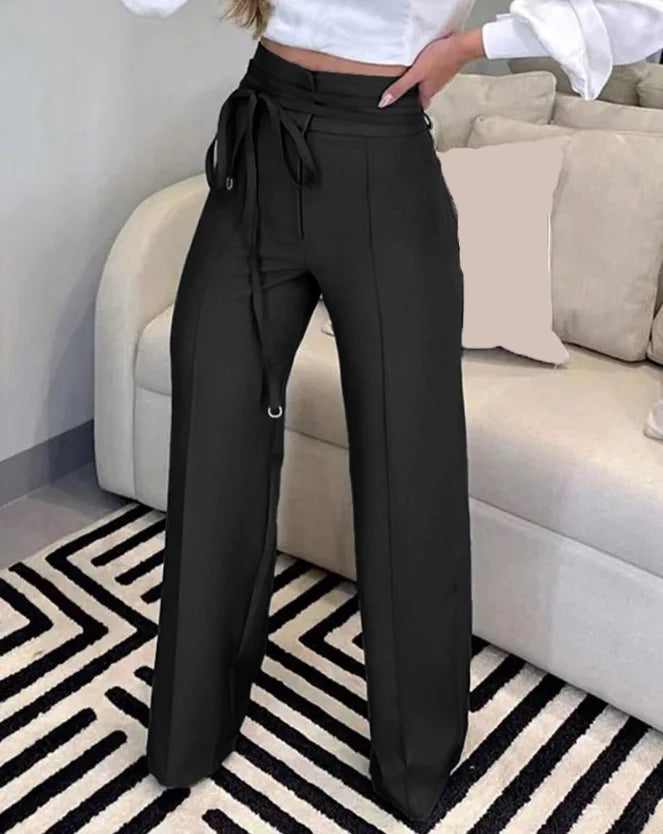 Women Fashion Tied Detail Straight Leg Work Pants Khaki Female High Waist Office Lady Elegant Long Trousers 2023 Autumn Clothing