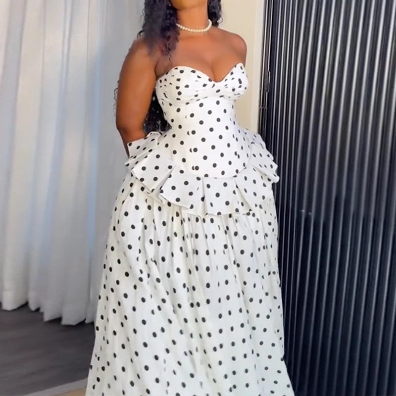 Fashion Hight Waist Summer Maxi Dress Vintage Polka Dot Ruffle Trim Long Dress  Women Sexy Sleeveless Lace Up Swing Party Dress