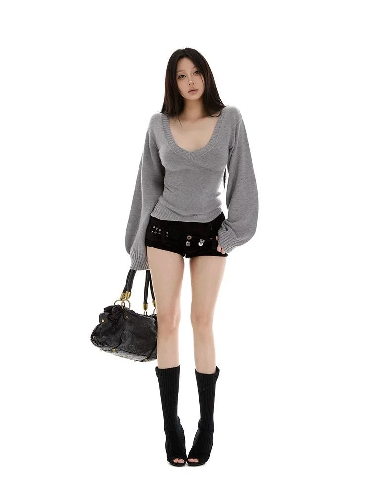 Streetwear Sweater Women Fashion Sexy V Neck Knitted Pullovers Y2K Lantern Long Sleeve Knitwears Spring Autumn Jumpers Top