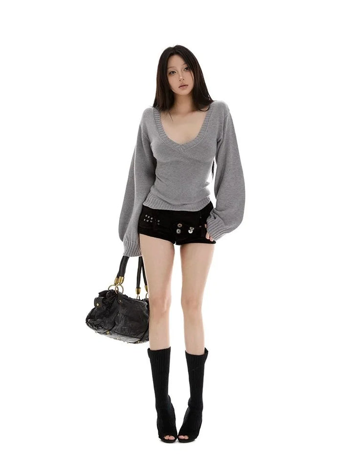 Streetwear Sweater Women Fashion Sexy V Neck Knitted Pullovers Y2K Lantern Long Sleeve Knitwears Spring Autumn Jumpers Top