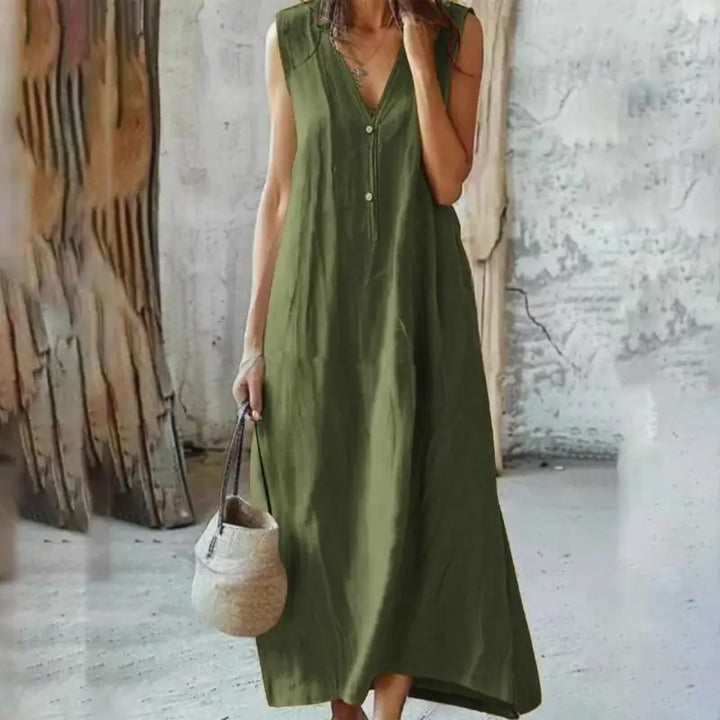 Y3NE Womens Cotton Linen Dress Casual V-Neck Sleeveless Spring Maxi Dresses Beach Dresses Vacation Outfits