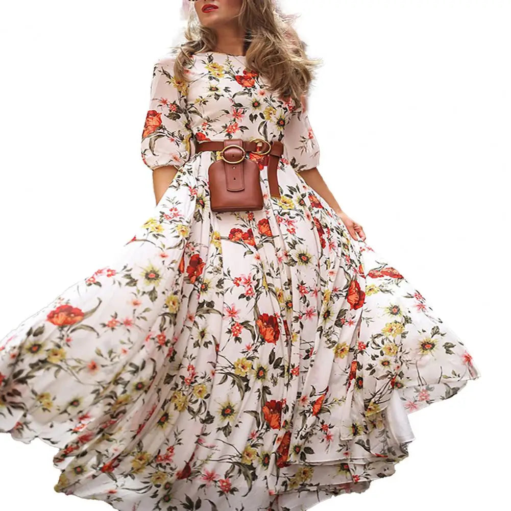 Slim-fitting Printed Dress Elegant Floral Maxi Dress for Women A-line Silhouette High Waist Design Half Sleeve Detail for Spring