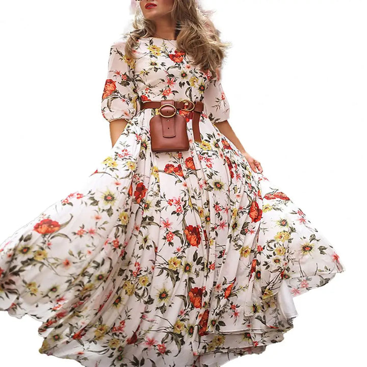 Slim-fitting Printed Dress Elegant Floral Maxi Dress for Women A-line Silhouette High Waist Design Half Sleeve Detail for Spring