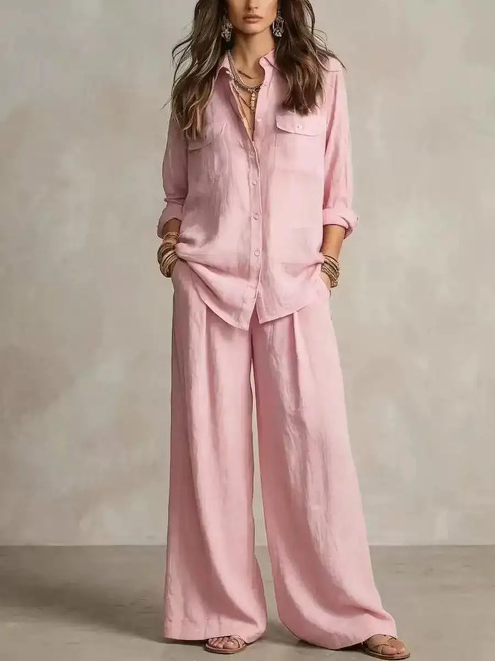 Women Linen Co Ord Set 2 Piece Outfit Long Sleeve Pocket Button Down Shirt High Waist Loose Wide Leg Trousers Boho Casual Vacati