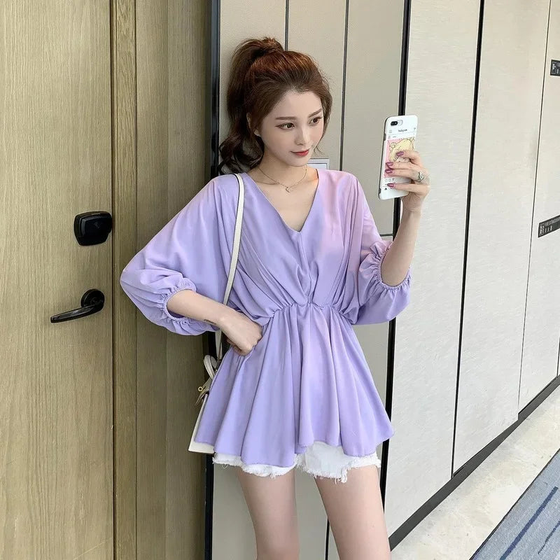 V Neck Tops For Women Pattern Chiffon Womens Shirt &amp; Blouse Loose Clothes Aesthetic M Tall Fine Elegant 2025 Comfortable Y2k S
