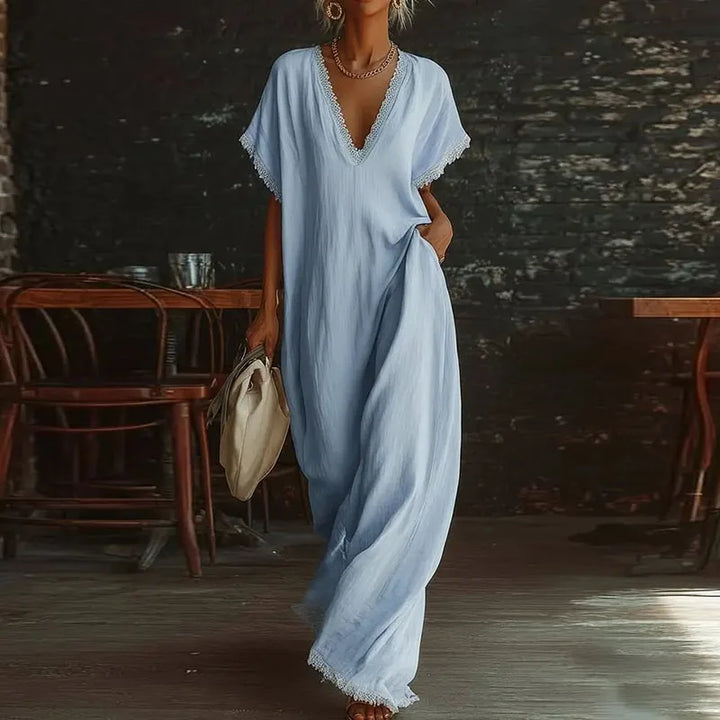 Comfy Loose Fit Linen Cotton Maxi Dress Women Elegant V Neck Lace Trim Casual Dress Spring Summer Short Sleeve Pocket Boho Dress