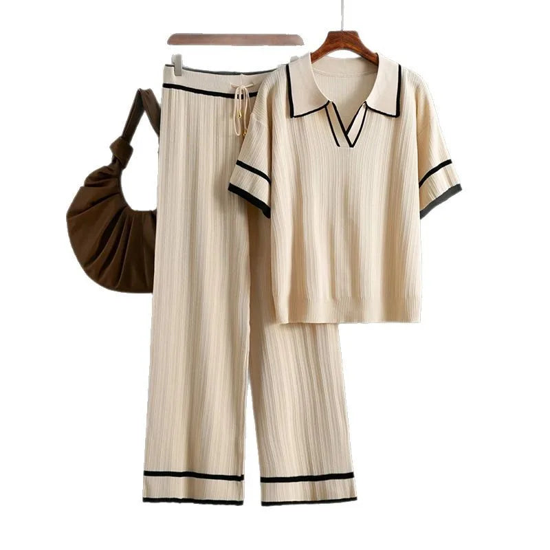 Knitting 2 Piece Sets Women Top Polo Shirt Suit Wide Leg Straight Pants Outfits Lace Up Casual Knitwear Ensemble 2025 Summer