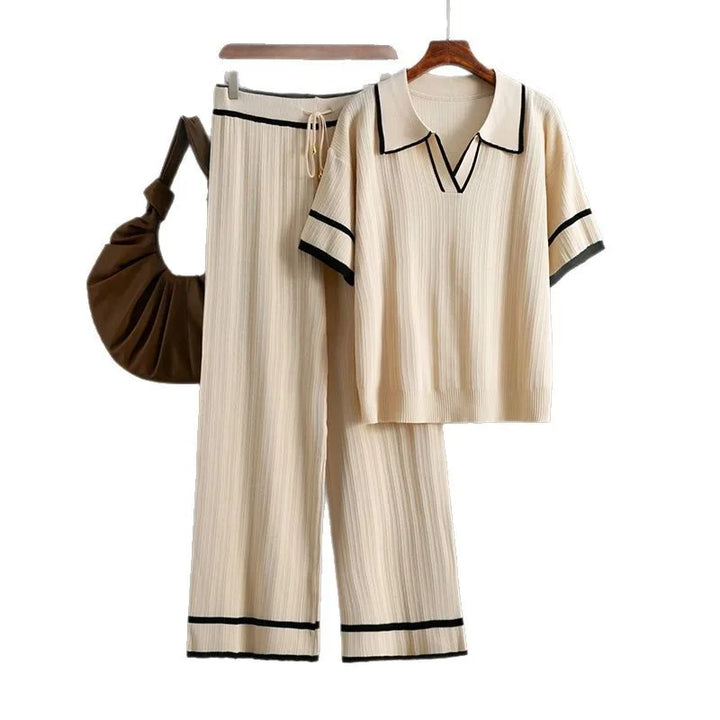 Knitting 2 Piece Sets Women Top Polo Shirt Suit Wide Leg Straight Pants Outfits Lace Up Casual Knitwear Ensemble 2025 Summer
