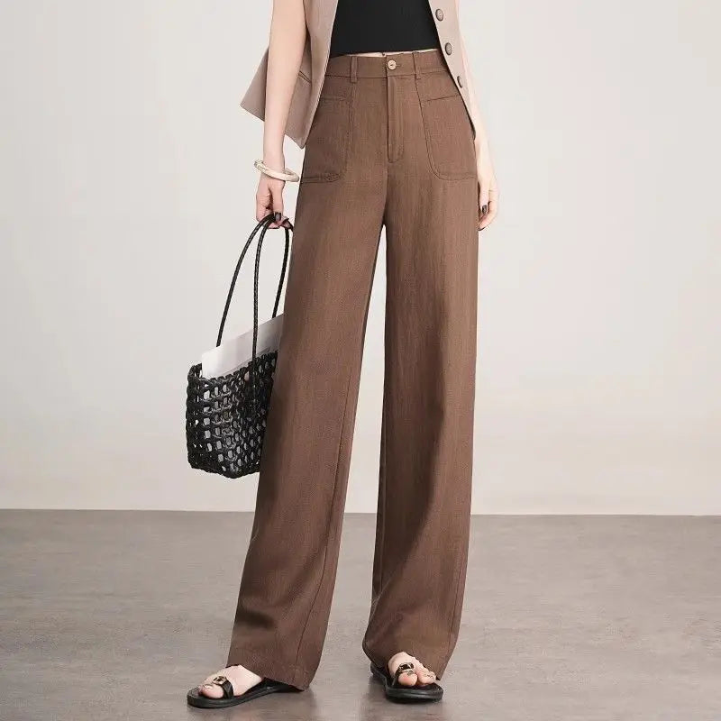 Linen Narrow Straight Leg Pants Women Summer Loose High Waist Casual Wide Leg Cropped Trousers