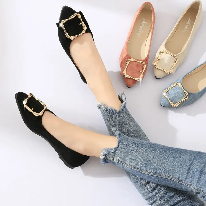 Women Ballet Flats Pointed Toe Slip on Shoes Metal Buckle Comfortable Casual Office Daily Walking Flat Shoes