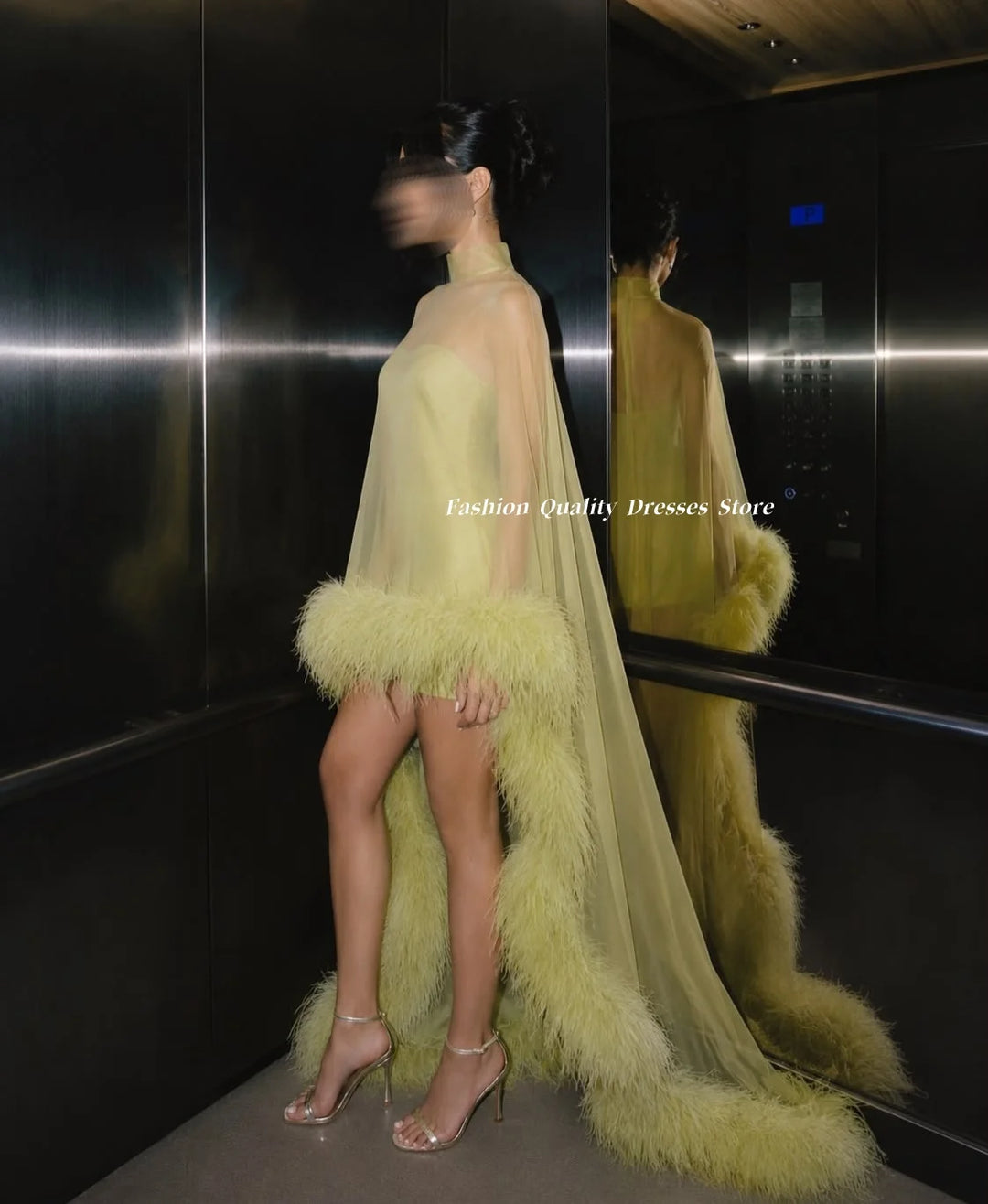 Evening Dress For Women High Neck Sheer Tulle Cape Gown Feather Trim Long Train Mini Formal Cocktail Prom Dresses Customized