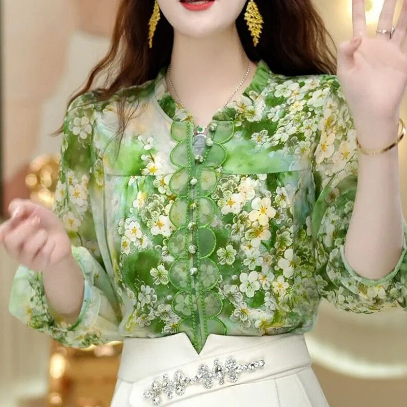 Summer New V-neck Fashion Long Sleeve Blouse Women High Street Casual Loose Printing Pullovers Elegant Button Patchwork Y2K Tops