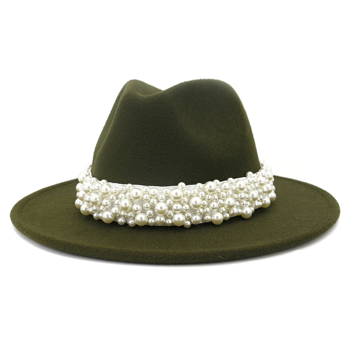 Fedora Hats for Women Wool Felt Panama Hat with Pearl Band Wide Brim Felt Hat Classic Trilby Jazz Hat Church Hats Women Elegant