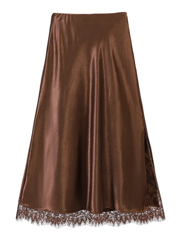 Women Satin Midi Skirt with Lace Trim High Waist Slip Elegant Silky Long Skirt Casual Daily, Dating, Office Outfits