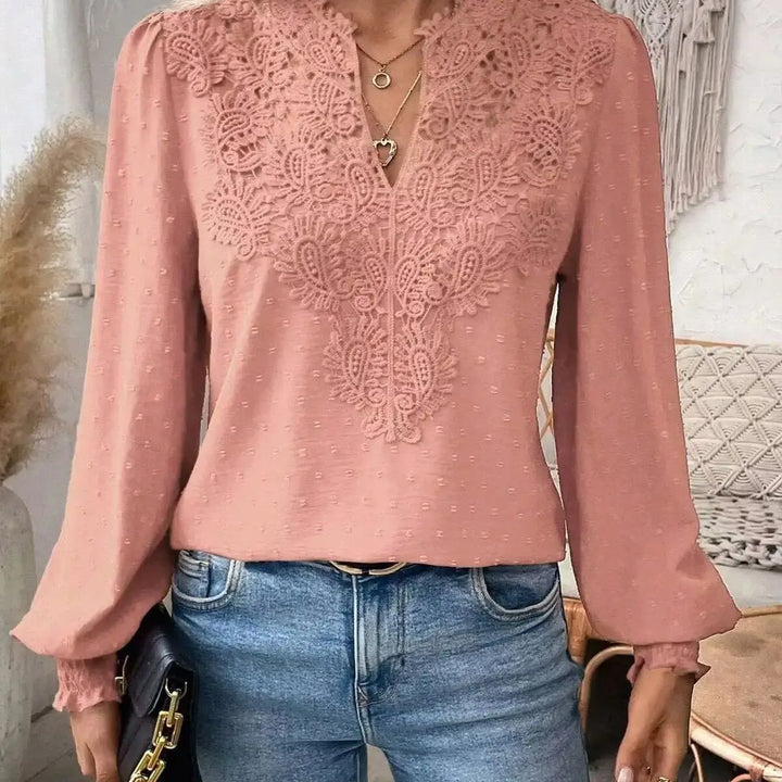 2026 New V-Neck Lace Splicing Long Sleeve Casual Shirt Women&