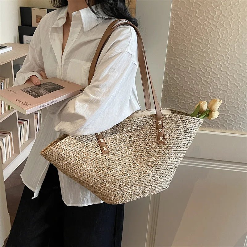 New Summer Fashion Women Top-Handle Bags Large Capacity Straw Shoulder Bag for Beach Vacation Versatile Commuting Beach Bag