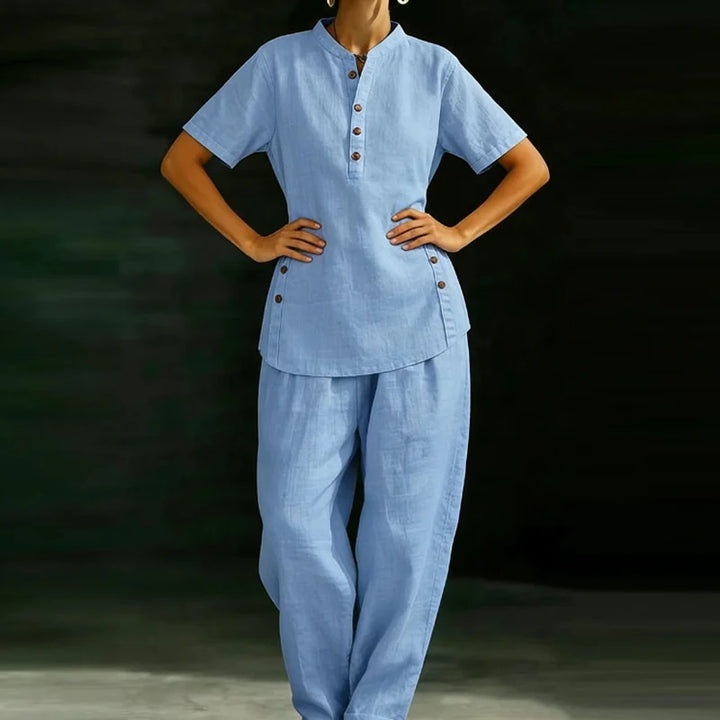 Fashion Cotton Linen Short Sleeve O Neck Button Shirt Wide Leg Pants Suit Women Casual Two Piece Sets Summer Office 2PCS
