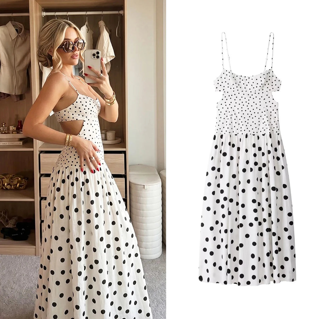 Women White Polka Dot Maxi Dress Summer Female French Style Spaghetti Strap Dress Lady Elegant Chic Cutout Waist Party Sundress