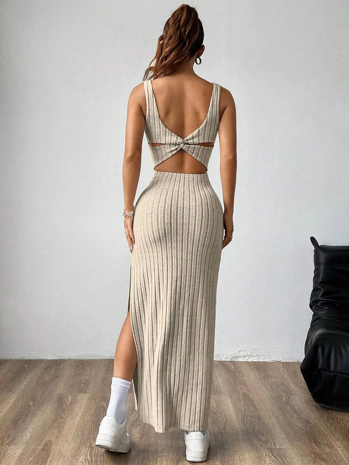 Women Ribbed Knit Maxi Dress Sleeveless Twist Back Cutout High Split Bodycon Long Dress