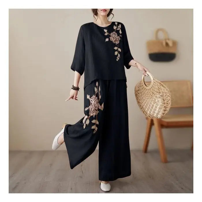 Linen Cotton Two Piece Set Women Embroidery Top Wide Leg Pants 2026 Summer Loose Fit Casual Mother Outfit for Daily Wear