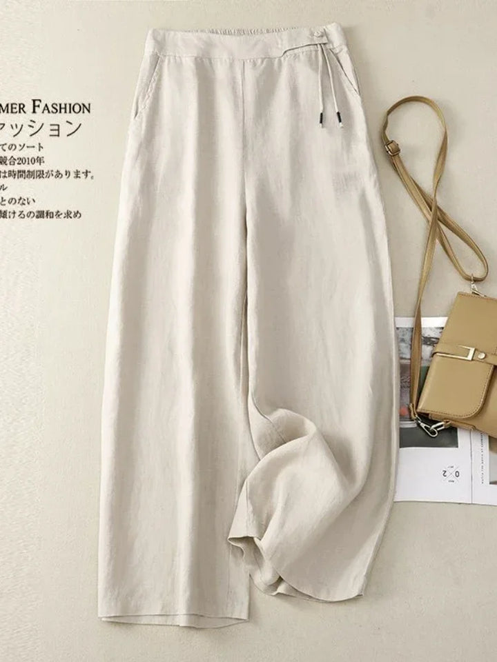 Women Elastic High Waist Cotton and Linen Casual Pants Retro Artistic Summer Wide Leg Pants Loose Straight Yellow Women&