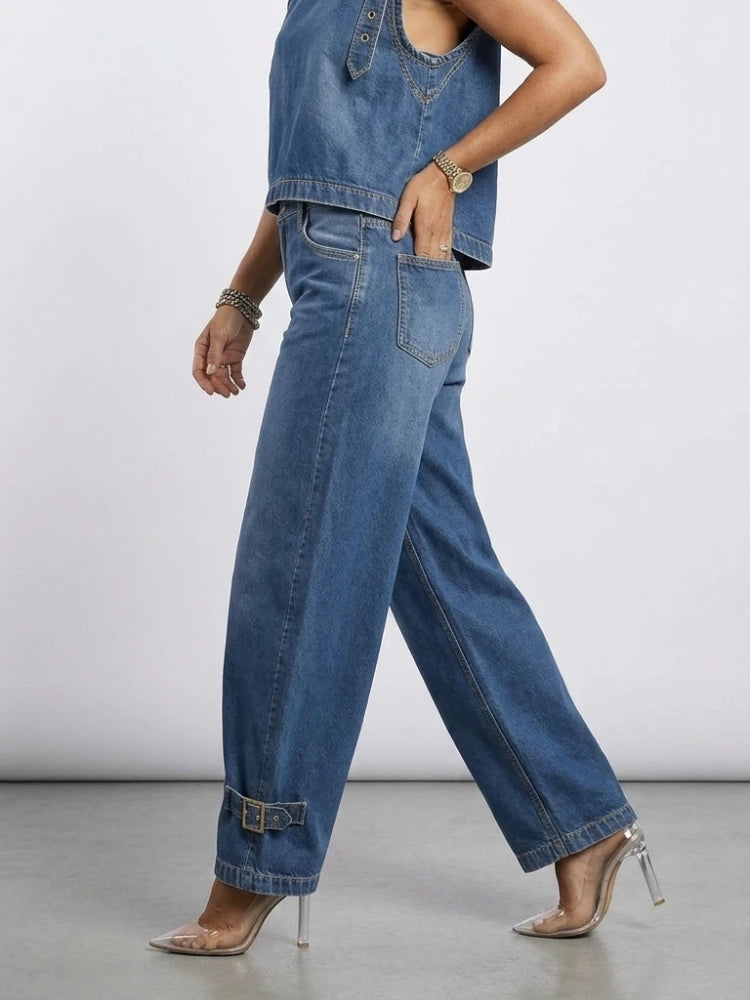 Missuoo 2026 New American Retro Women's Jeans Blue High Waist Curved Wide Leg Denim Trousers with Buckles for Street Style