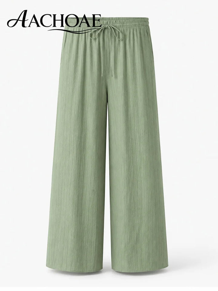Women Linen Wide Leg Pants Summer Beach Long Pants Casual Drawstring Loose Beach Trousers