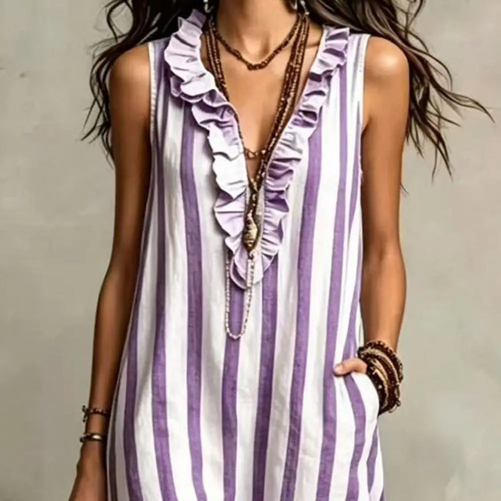 Women Striped Cotton Linen Maxi Dress Sleeveless Ruffle V Neck Long Dress Boho Beach Flowy Sundress with Pockets Elegant Women D