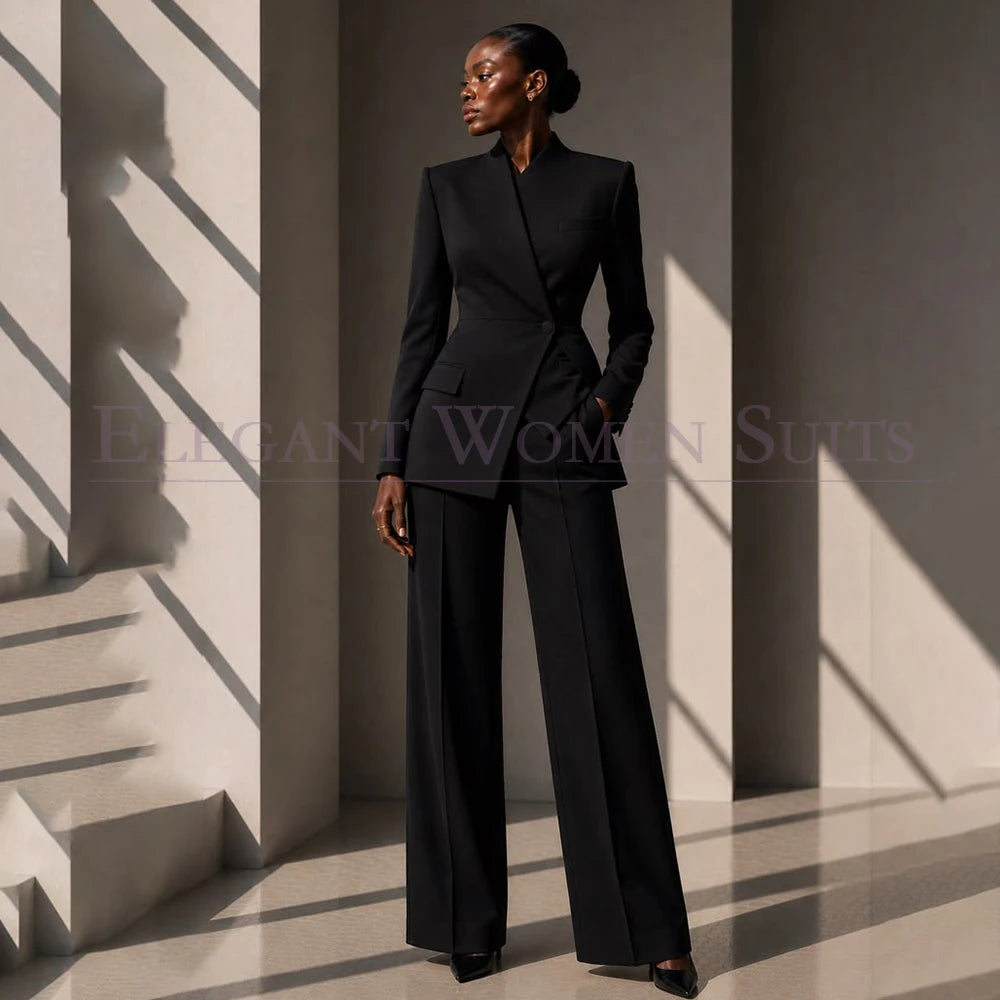 Elegant Wide Leg Trousers Matching Set Black Women Asymmetric Blazer Stand Collar Slim Formal Outfit For Business Lady Suits
