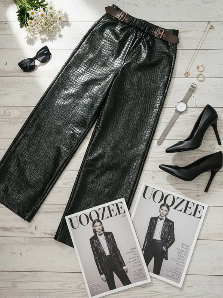 UOOZEE 2026 New Trendy Crocodile Printed Faux Leather Black Pants for Women Wide Leg High Waisted Buckle Belt Palazzo Trousers