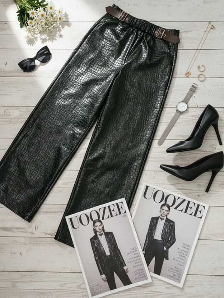 UOOZEE 2026 New Trendy Crocodile Printed Faux Leather Black Pants for Women Wide Leg High Waisted Buckle Belt Palazzo Trousers