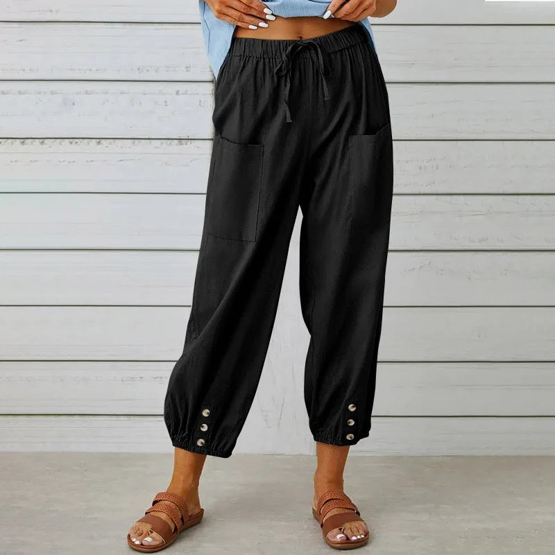 Women Cotton Linen Pants 2025 Autumn Solid Color Elastic Waist Loose Straight Trousers Female Harajuku High Waist Wide Leg Pants