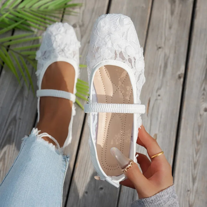 French-style Net Flower Mary Jane Flat Shoes for Women Sweet Square-toe Ballet-inspired Single Shoes Woman Summer Fairy Sandals