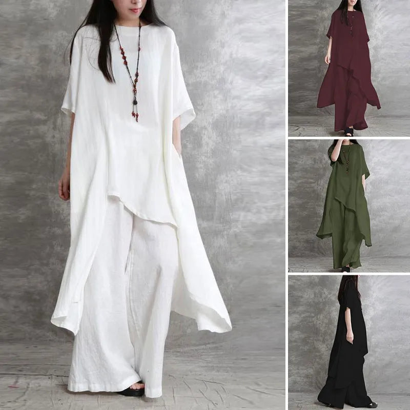Women Cotton Linen Pant Sets 2 Pieces Casual Half Sleeve Solid Loose Blouse&amp;High Elastic Waist Wide Leg Full Trousers Suits