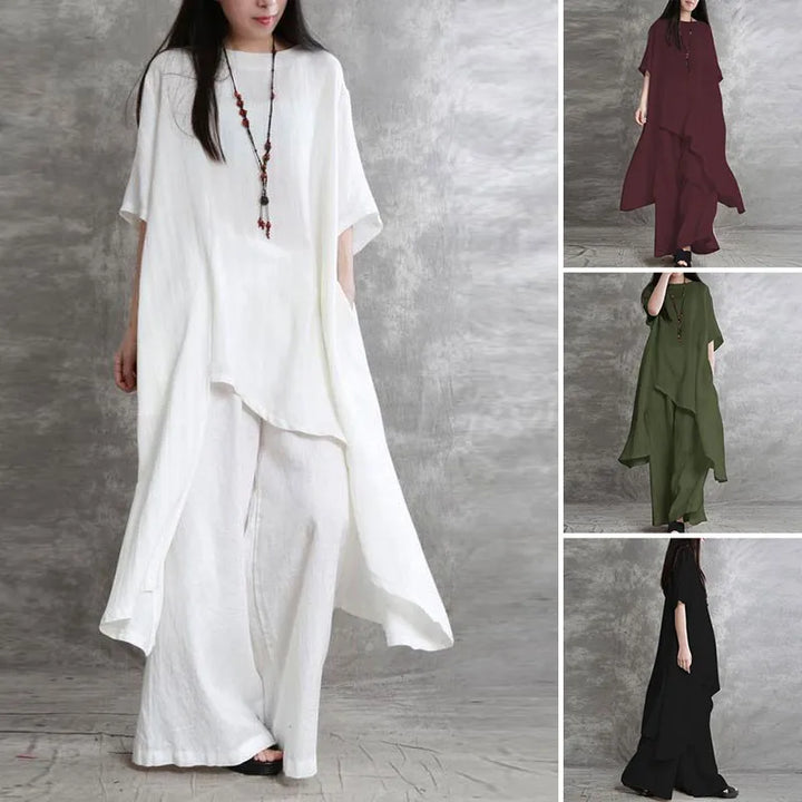 Women Cotton Linen Pant Sets 2 Pieces Casual Half Sleeve Solid Loose Blouse&amp;High Elastic Waist Wide Leg Full Trousers Suits