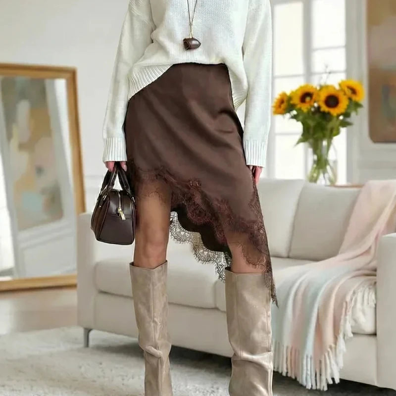Summer Satin Lace Mini Skirt Women Elegant Irregular Lace Trim MIni Skirt Vintage Elastic Waist Flowy A Line Mini Skirts Y2k