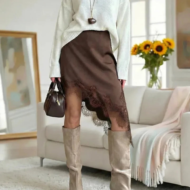 Summer Satin Lace Mini Skirt Women Elegant Irregular Lace Trim MIni Skirt Vintage Elastic Waist Flowy A Line Mini Skirts Y2k