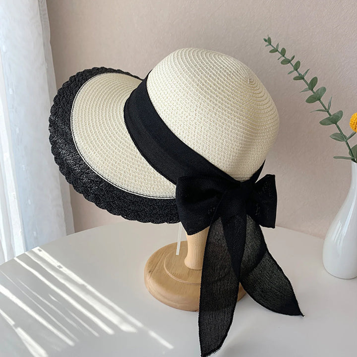 Women Wide Brim Straw Hat Lace Edge Design Beach Caps with Bowknot for Outdoor Sports Hiking Travel