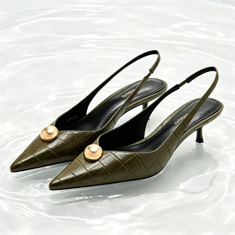 Unique Embossed Slingback Pumps Women Elegant Pointed-Toe Metal Decoration Designer Shoes Comfortable Kitten-Heel Office Shoes
