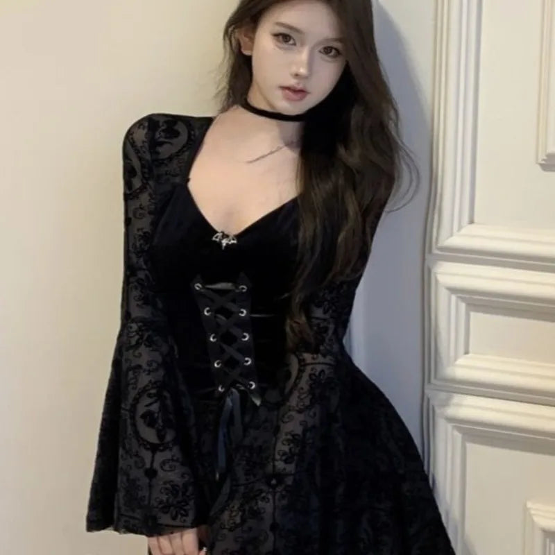 Black Velvet Dresses For Women Flare Sleeve Birthday Party Vestidos Mujer Autumn Winter Korean Fashion Mini Dress
