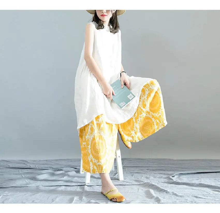 Printed Loose Linen Wide-Leg Pants for Women, Cropped Pants with Elastic Waist, Casual Versatile Skirt Pants, Yellow