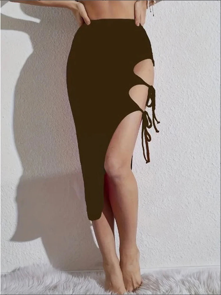 Cut Out Lace Up Bodycon Skirt, Sexy Solid Color Mini High-slit Skirt For Party &amp; Club, Women&